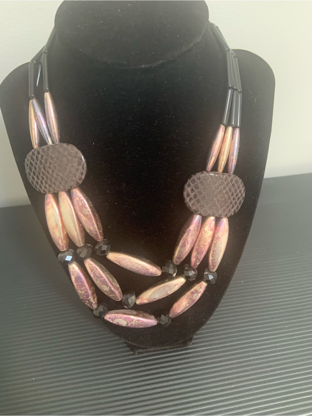 Multi-Strand Iridescent Pink and Black Statement Necklace